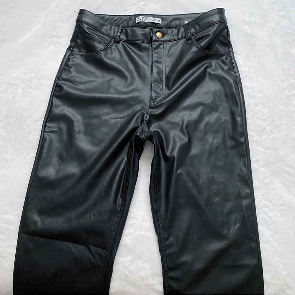 Zara Black Faux Leather Straight Leg Parted Ankle Pants - Picture 5 of 13